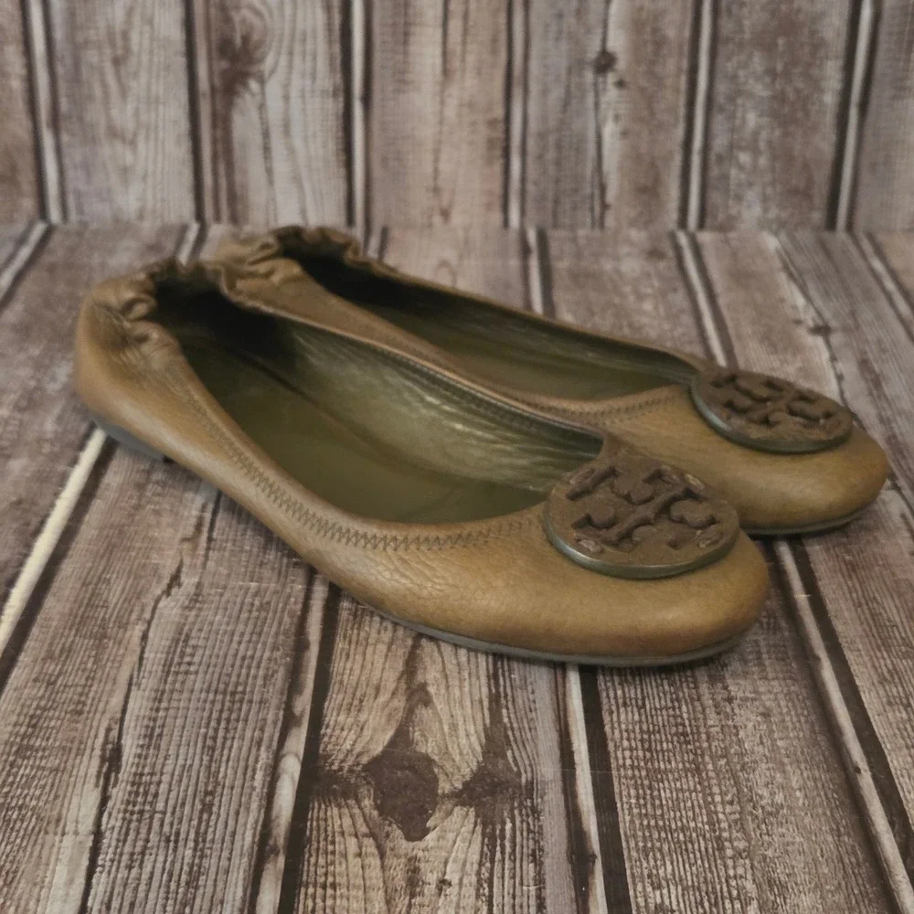 Sz 8 M Tory Burch Reva Olive Green Leather Comfort Ballet Flats Shoes VGUC